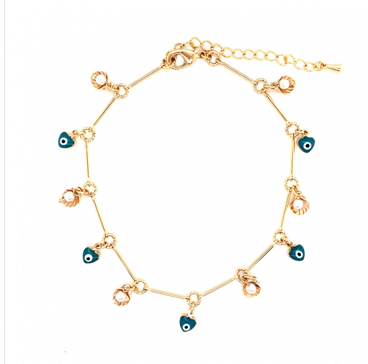 LUCKY EYE RED & BLUE HEART SEA SHELL ANKLET