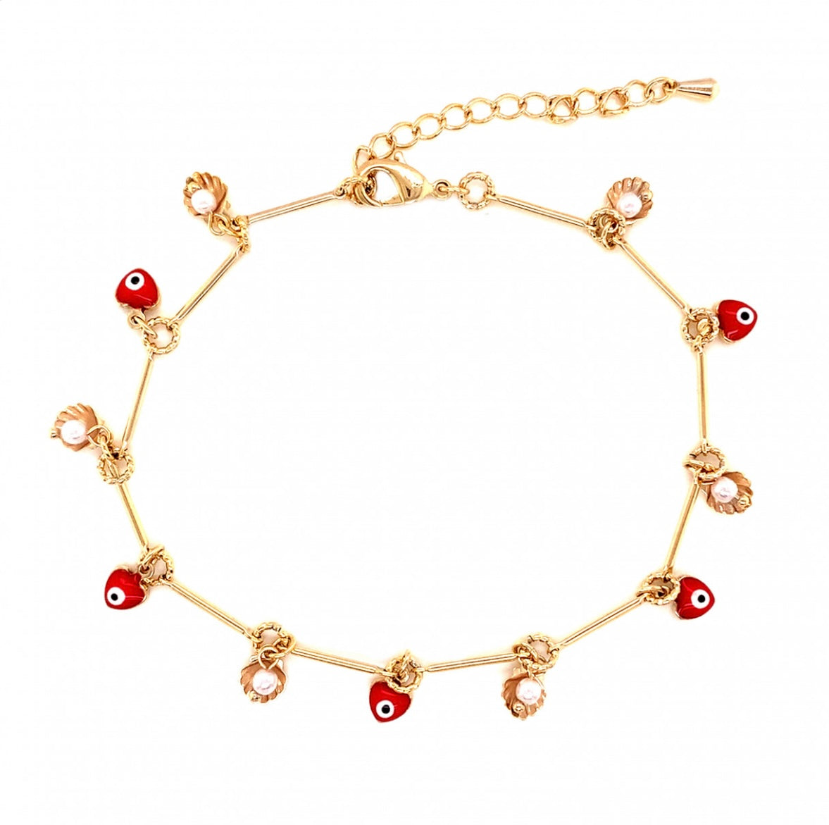 LUCKY EYE RED & BLUE HEART SEA SHELL ANKLET