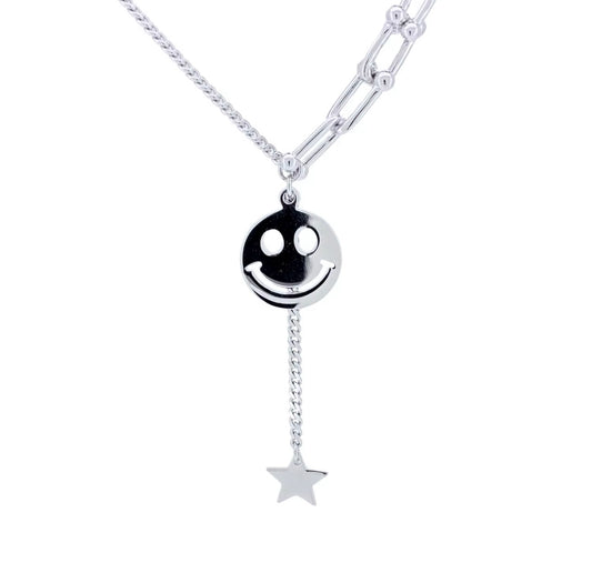 DUAL CHAIN HAPPY FACE STAR NECKLACE