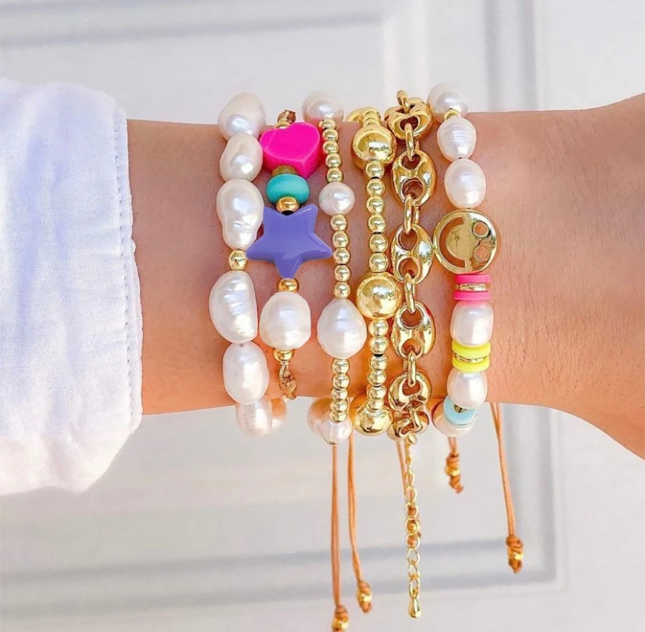 PEARL & GOLD BALL STACKABLE BRACELET