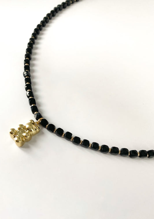 BLACK SPINEL GEMSTONE NECKLACE WITH GOLD BEAR